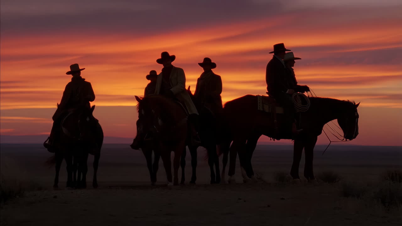 Cowboys on horseback silhouetted against a vibrant sunset