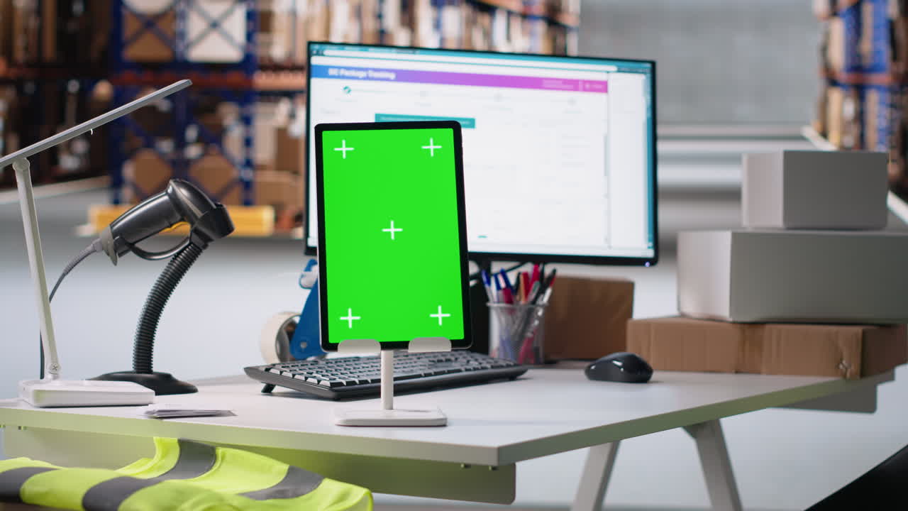 Vertical Video Empty storehouse space shows green screen on computer monitor