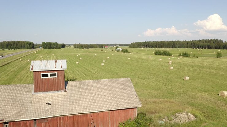 Aerial view of round haybales on a large green grassy field with blue skies and scattered clouds