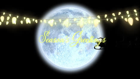 animation of seasons greetings text with santa claus in sleigh being pulled by reindeers