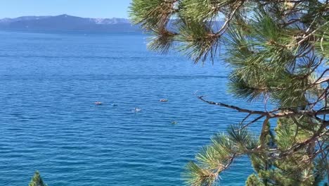 active people kayaking, paddle boarding, and jet skiing in lake tahoe during summer