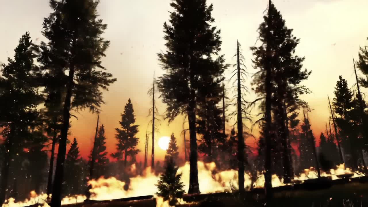Forest Fire Engulfs Trees at Sunset While Smoke Billows in the Sky