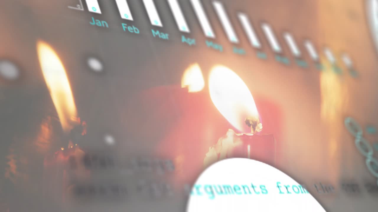 Flicking candle flame causing month bars shifting, code, charts and map pulsing showing trends