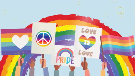 animation of illustrative hands holding banner with lgbtqi symbols over rainbow