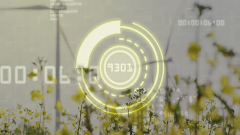 digital data processing animation over wind turbines with yellow flowers in foreground