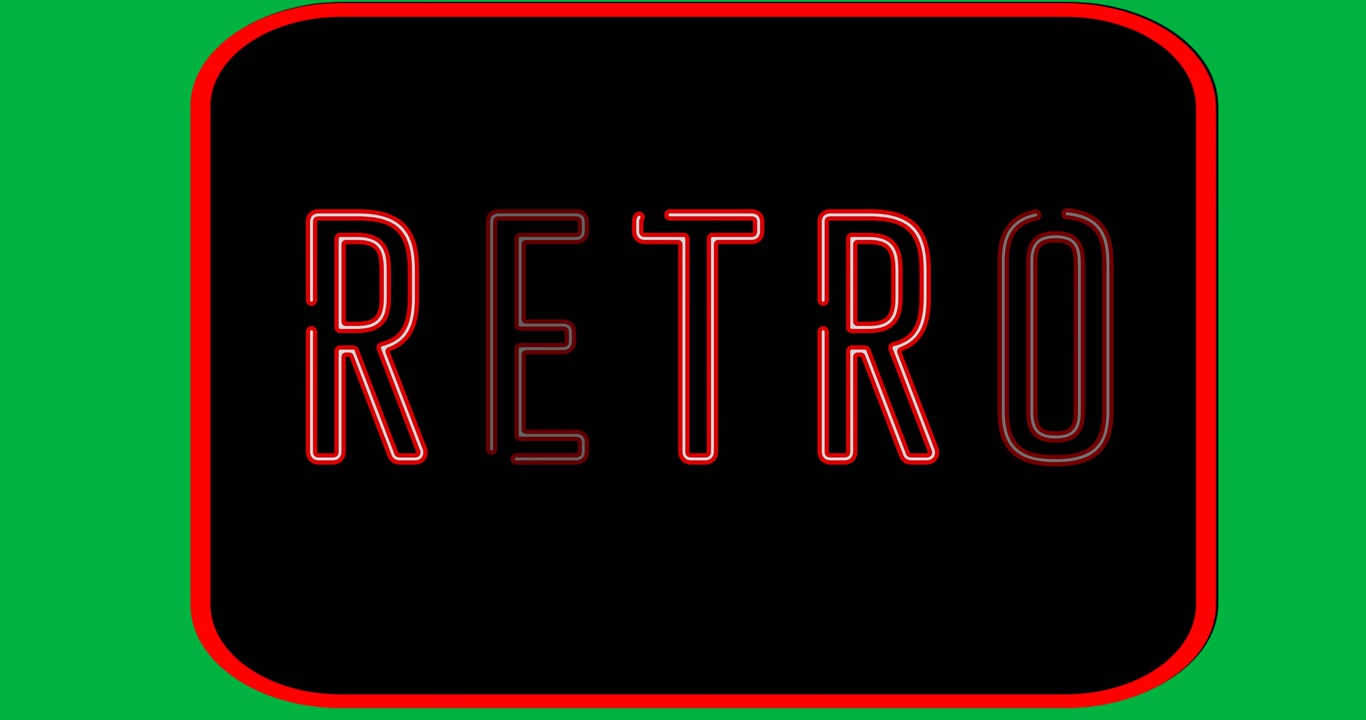 Animazione digitale di un banner di testo retrò arancione neon su sfondo nero.