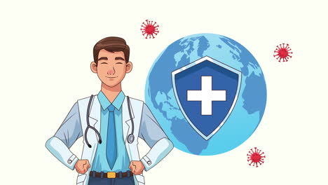 doctor professional character with earth planet animation