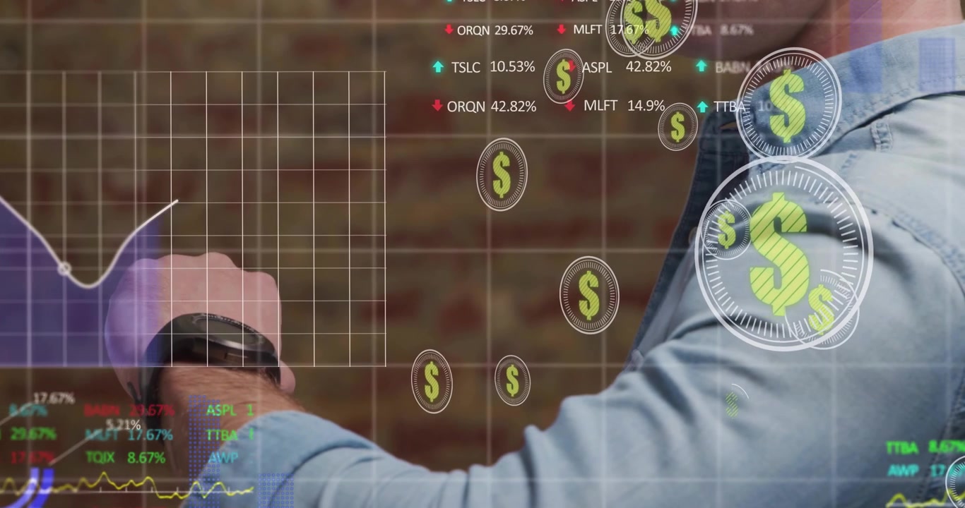 Homem adulto verificando o relógio, tocando, deslizando, consultando mercados, com HUD atualizando gráfico e moedas em ascensão