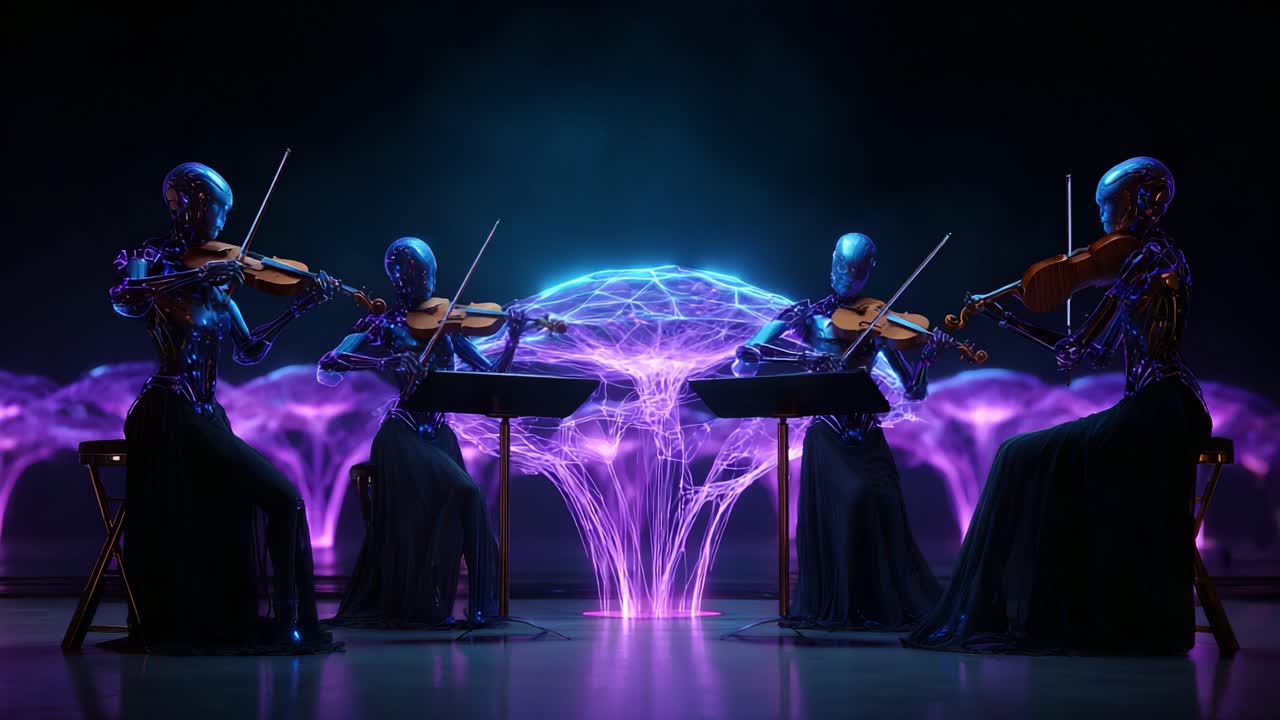 Quartetto robotico futuristico che esegue musica eterea tra vibranti onde di luce, creando un'atmosfera ultraterrena di armonia e innovazione