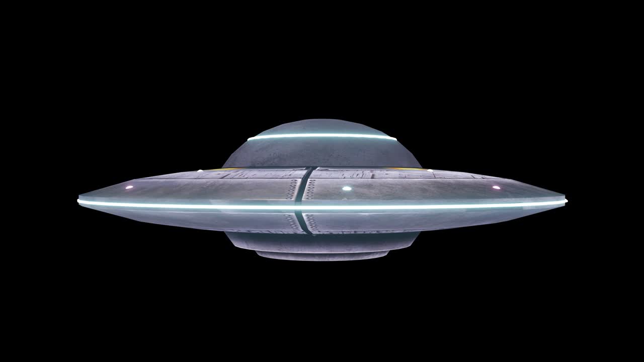 Flying saucer isolate on black screen. UFO. Alpha channel included. 4K animation