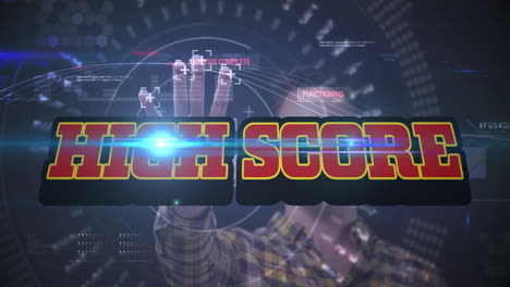 high score text animation over person interacting with futuristic digital interface