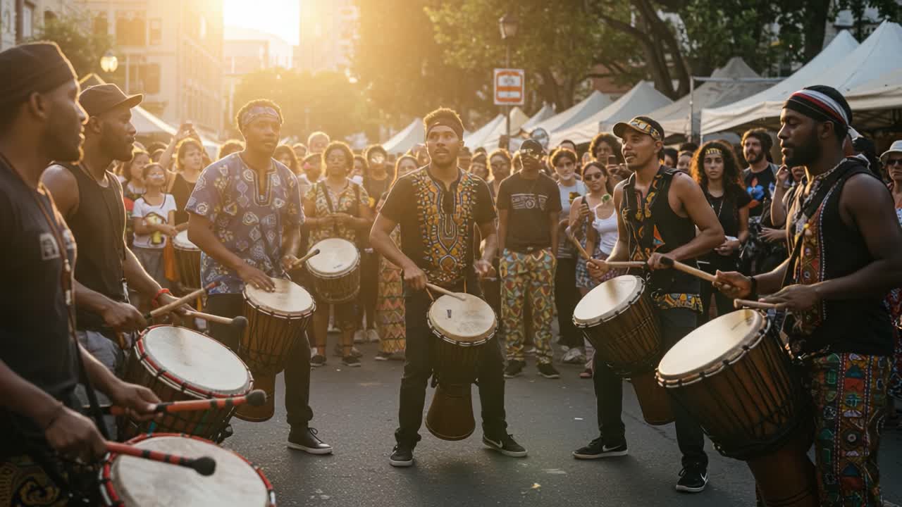 Vibrant Rhythms: A Dynamic Drumming Performance Captivating the Audience in a Bustling Street Festival, Uniting Cultures Through Music and Dance