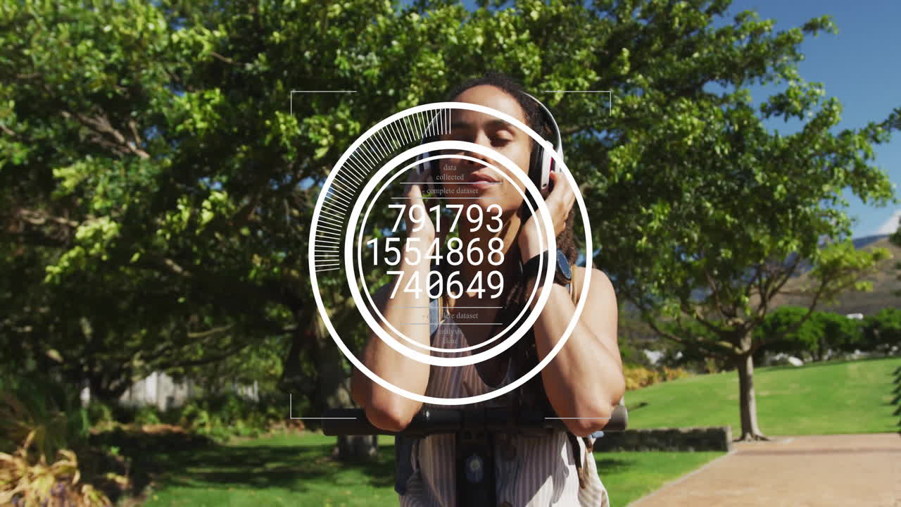 Taking photo in park, person using animation with digital overlay elements