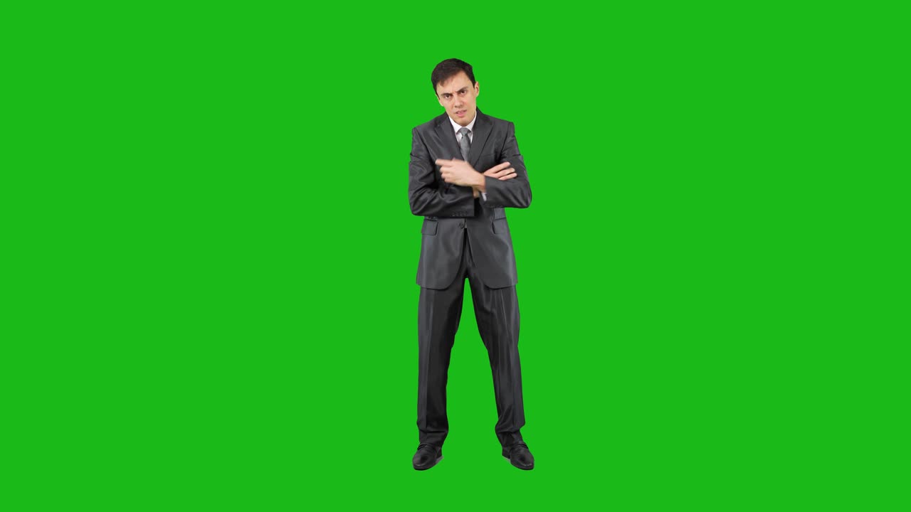 Businessman in Suit Displaying Various Gestures and Expressions on Green Screen