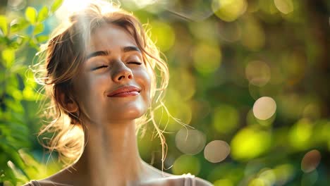 peaceful woman basking in golden sunlight in nature
