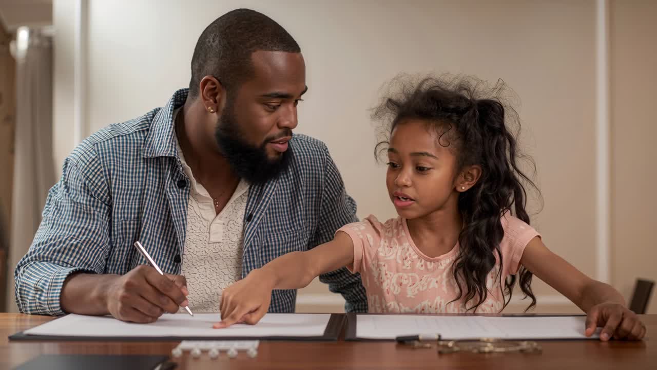 Pointing girl wearing pink top guiding man while writing on paper at home table with pen
