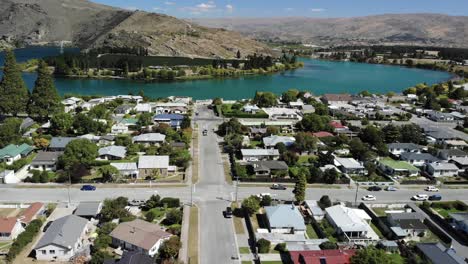 Streets-and-buildings-of-Cromwell,-Central-Otago-New-Zealand-on-sunny-summer-day-drone-aerial-view