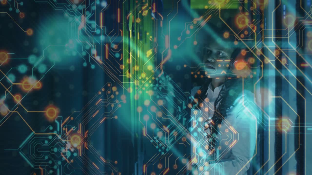 Shifting circuit overlay revealing woman adjusting stance while seeking inspiration in tech scene