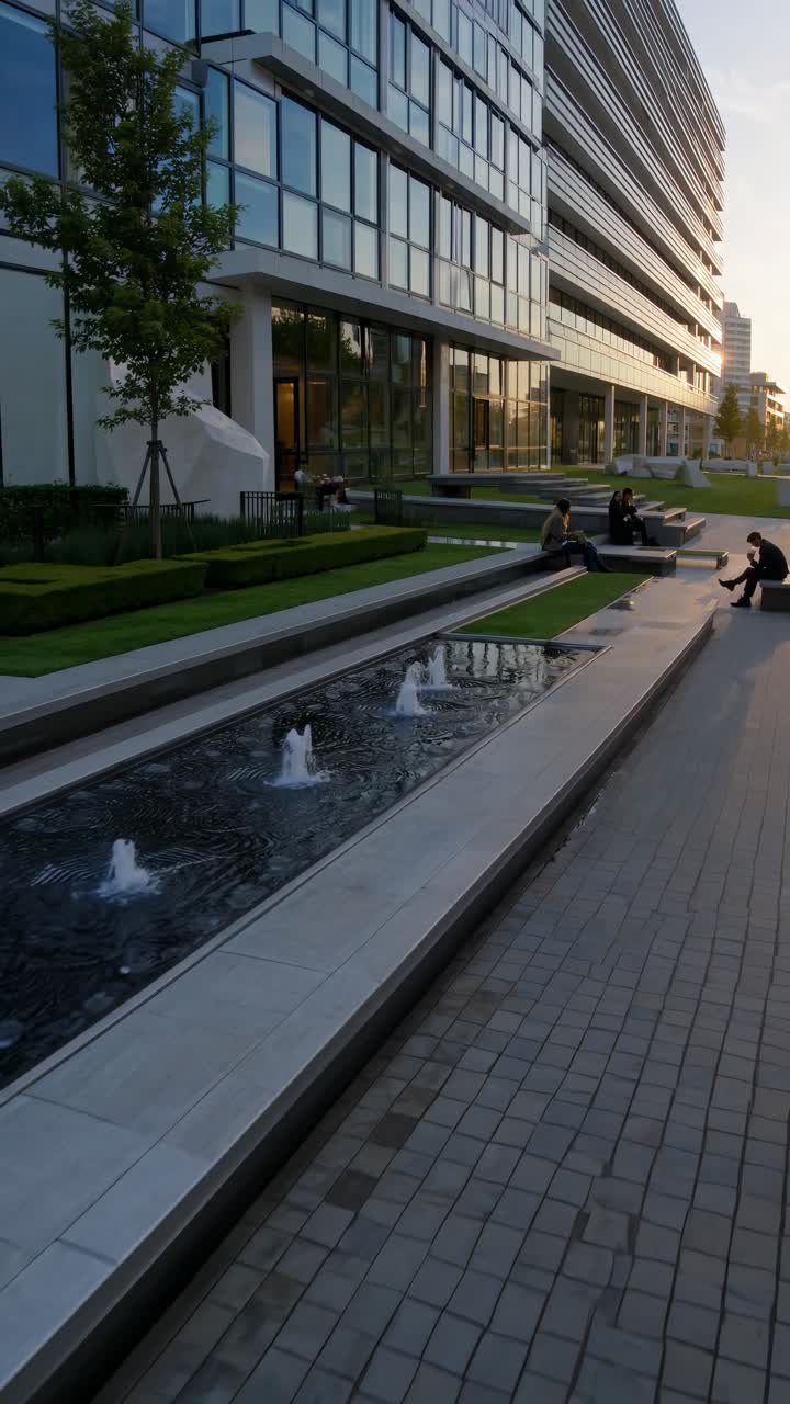 Paisaje urbano moderno con arquitectura elegante, capturado desde un ángulo bajo durante el atardecer