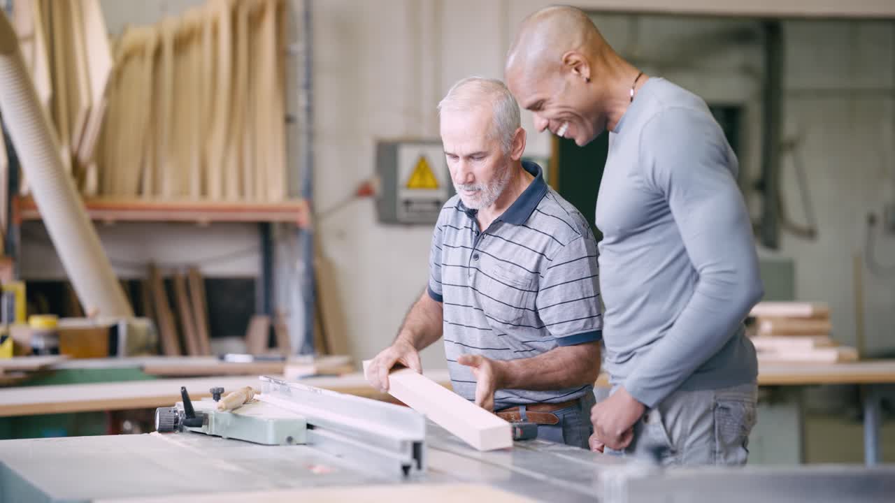 Two Men Working with Woodworking Machine in Workshop