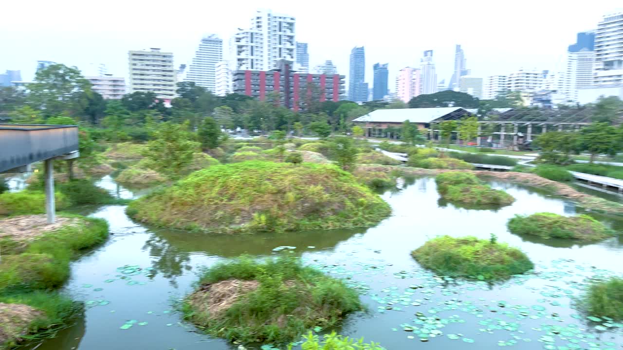 물의 특징과 보행 다리를 가진 도시 공원