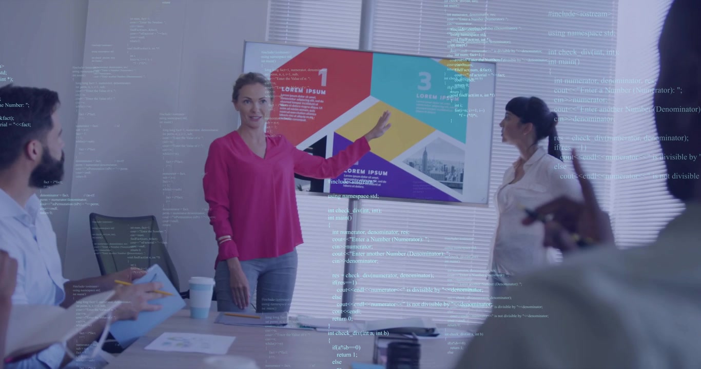 Lead pointing chart peer joining code lines scrolling over room biz team noting aligning strategy