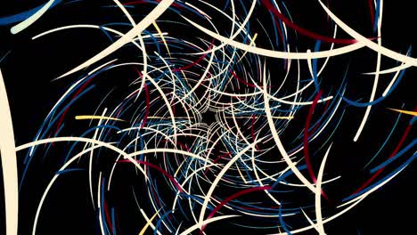 vuelo abstracto en corredor futurista con muchas líneas coloridas dobladas que forman un patrón de un copo de nieve, bucle sin costuras. animación. líneas curvas brillantes, túnel geométrico sin fin