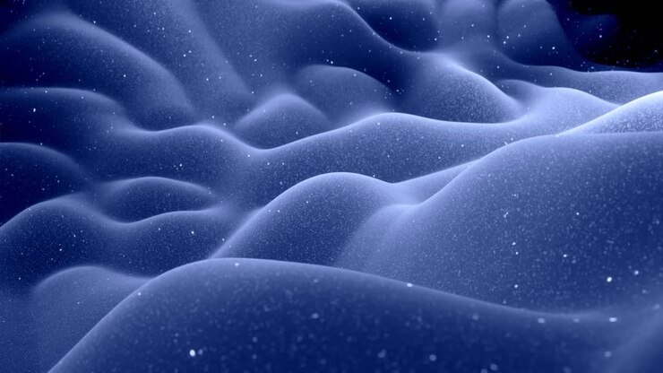 Stylish festive black bg. Fantastical abstract looped background, waves move on glossy surface like landscape made of liquid blue wax with sparkles. Beautiful soft background with smooth animation 4k