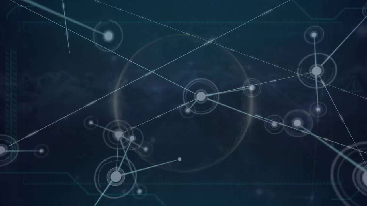 Animation of network of connections over a globe against dark clouds in the sky