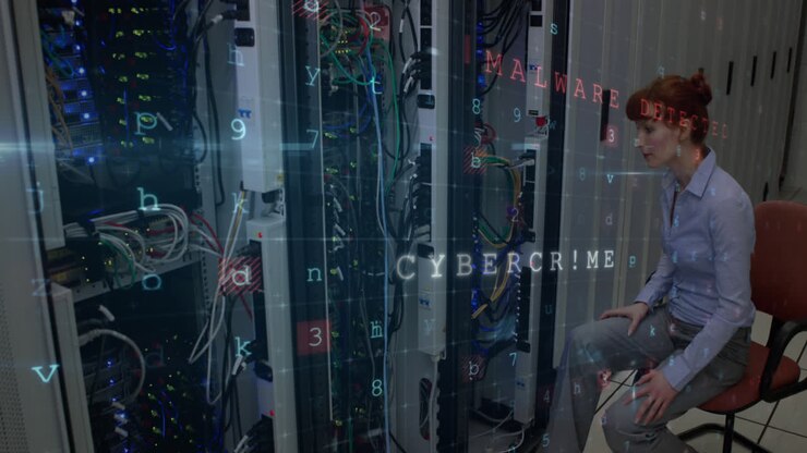 Animation of cybercrime and caucasian woman checking servers