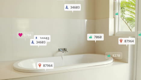 iconas de interacción de las redes sociales animación sobre baño moderno con bañera blanca