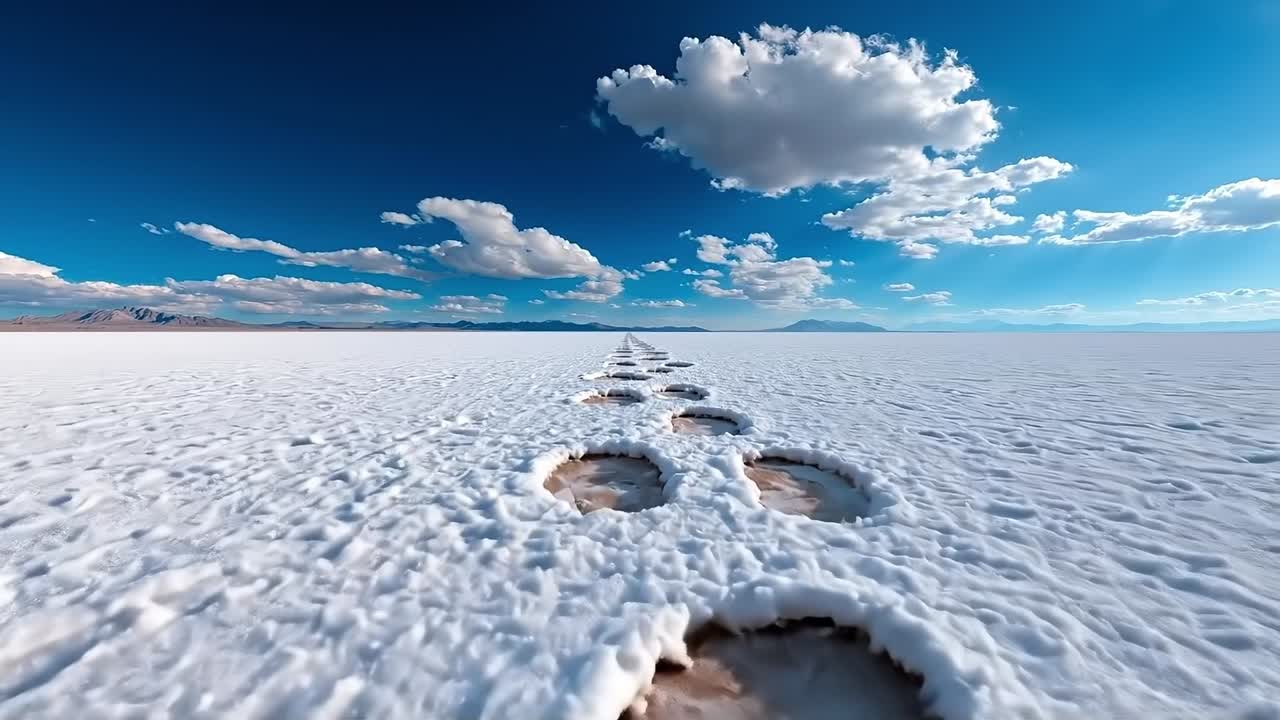 A large body of snow covered ground with footprints in the snow