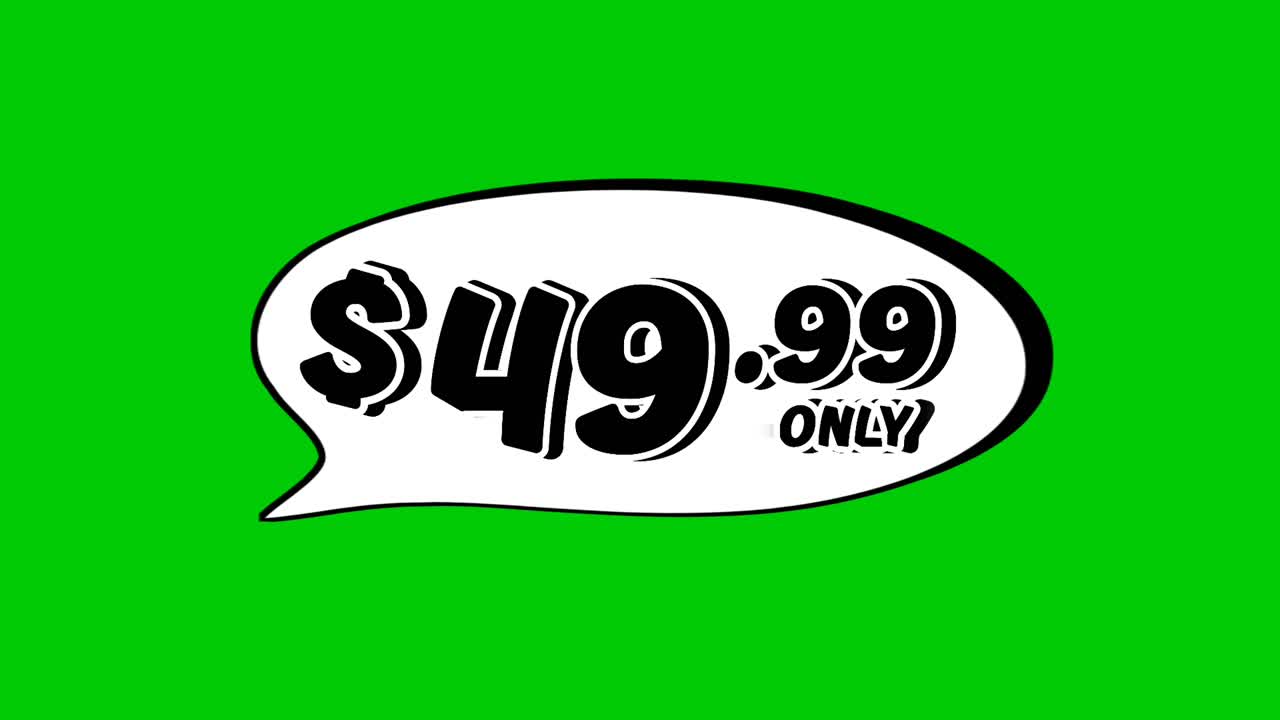 Animated $49.99 price tag in speech bubble motion graphics on green screen background. Perfect for ads, e-commerce, retail, discounts, and promotion business concept video element
