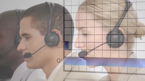 Animation-of-financial-data-processing-over-business-people-using-phone-headsets