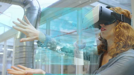 animation of data on interface screens, over woman in vr headset using virtual interface
