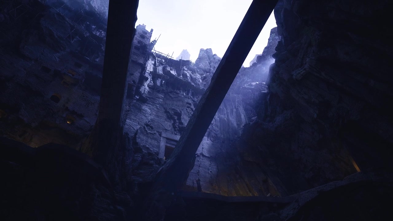 Deep underground setting with luminous violet rays illuminating rugged stones