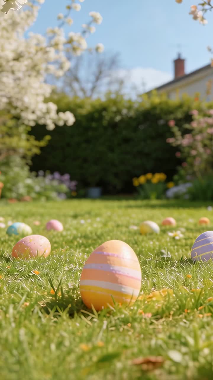 Video verticale: Telecamera che arretra rivelando un uovo di Pasqua a strisce pastello sul prato del cortile, mostrando il cortile.