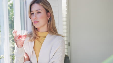 Portrait-of-thoughtful-biracial-woman-looking-through-window-holding-cup-of-tea-at-home,-slow-motion