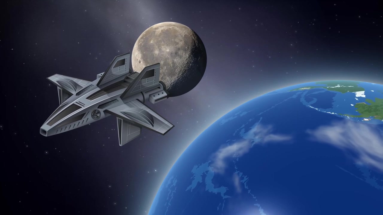 Nave spaziale futuristica in orbita attorno alla Terra con la Luna sullo sfondo
