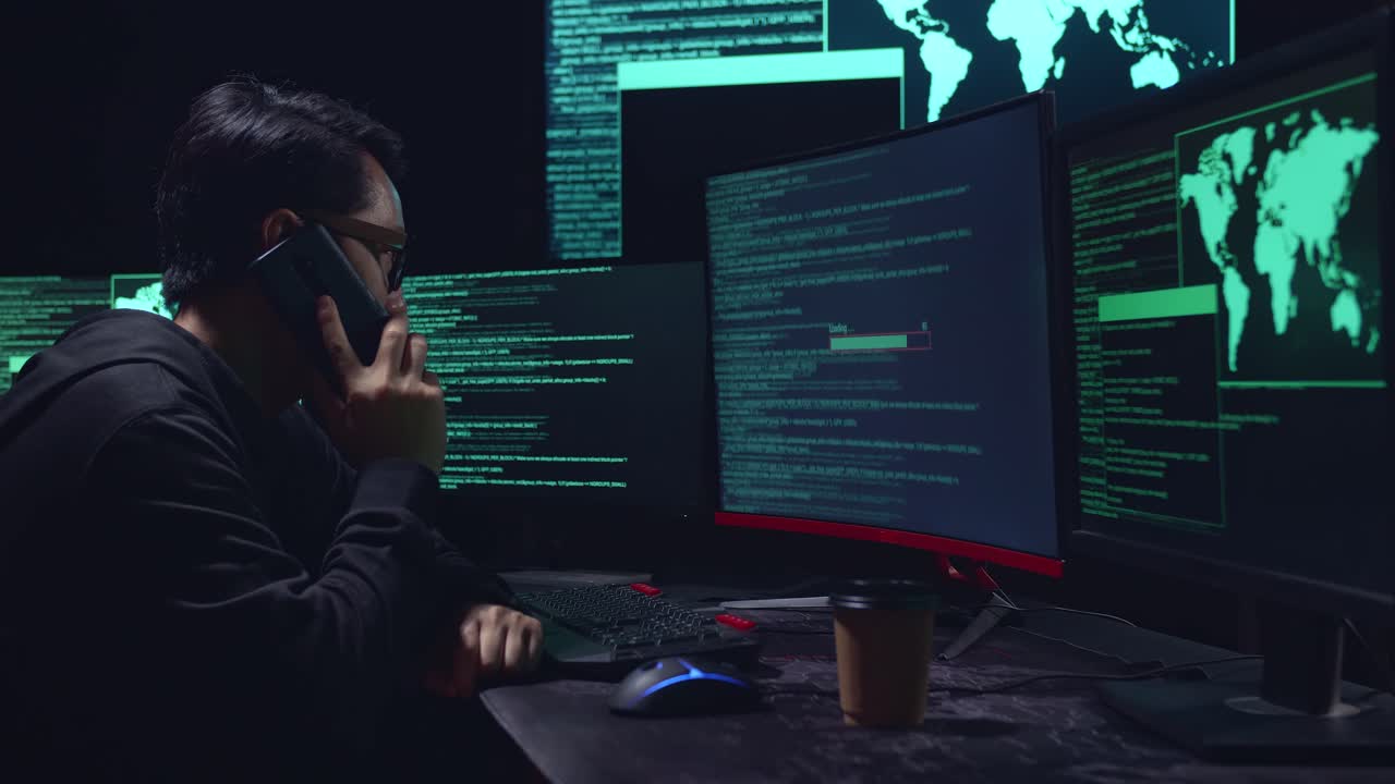 Asian Male Hacker Talking On Phone With Multiple Computer Screens And Success Downloading Data