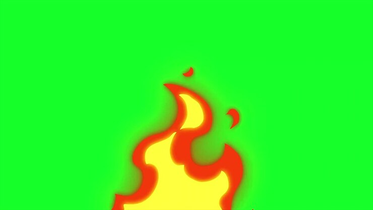 Cartoon fire loop transition animation on green screen. Cartoon fire animation with key color. Chroma key, 4K video