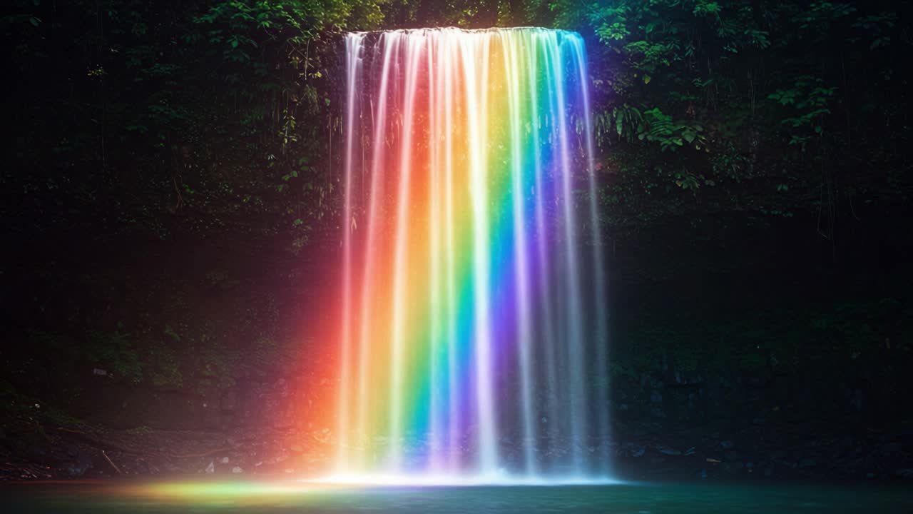 Stunning Rainbow Waterfall: A Mesmerizing Display of Nature's Beauty with Vibrant Colors Cascading Down a Serene Waterfall Surrounded by Lush Greenery