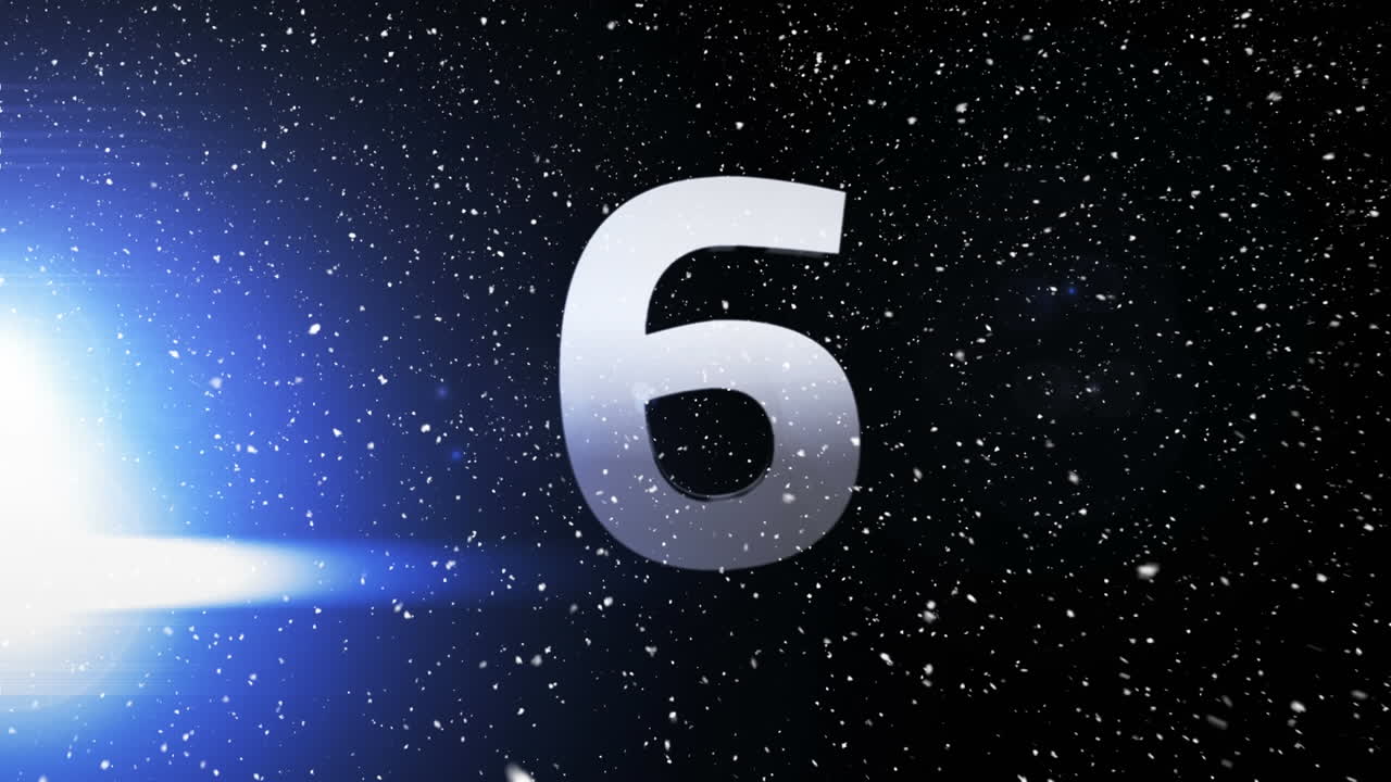 Animazione di neve che cade su un conto alla rovescia e sfondo luminoso