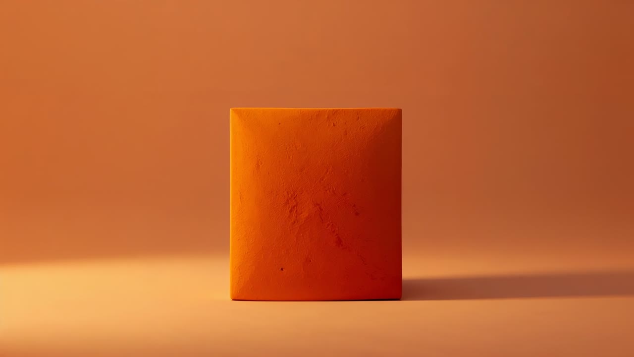 Zoom della camera verso un singolo blocco quadrato arancione su un palco da studio arancione caldo, rivelando delle rientranze