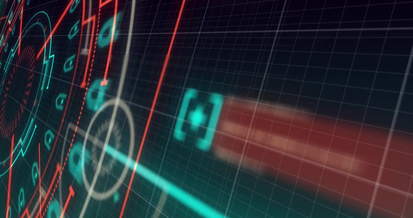 Animation of multiple geometric shapes and plus sign with computer language on grid