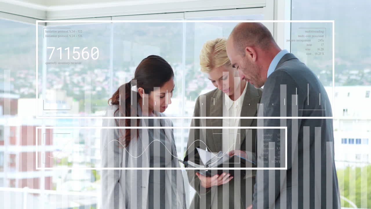 일기에서 일정을 보는 다양한 동료들에 대한 변화하는 숫자를 가진 그래프의 애니메이션