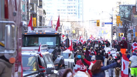 large crowds with truckers blocking roads in toronto, protesting anti covid mandates.