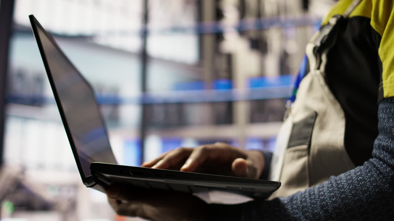 Vertical video Close up of smart factory worker using laptop to test automated systems