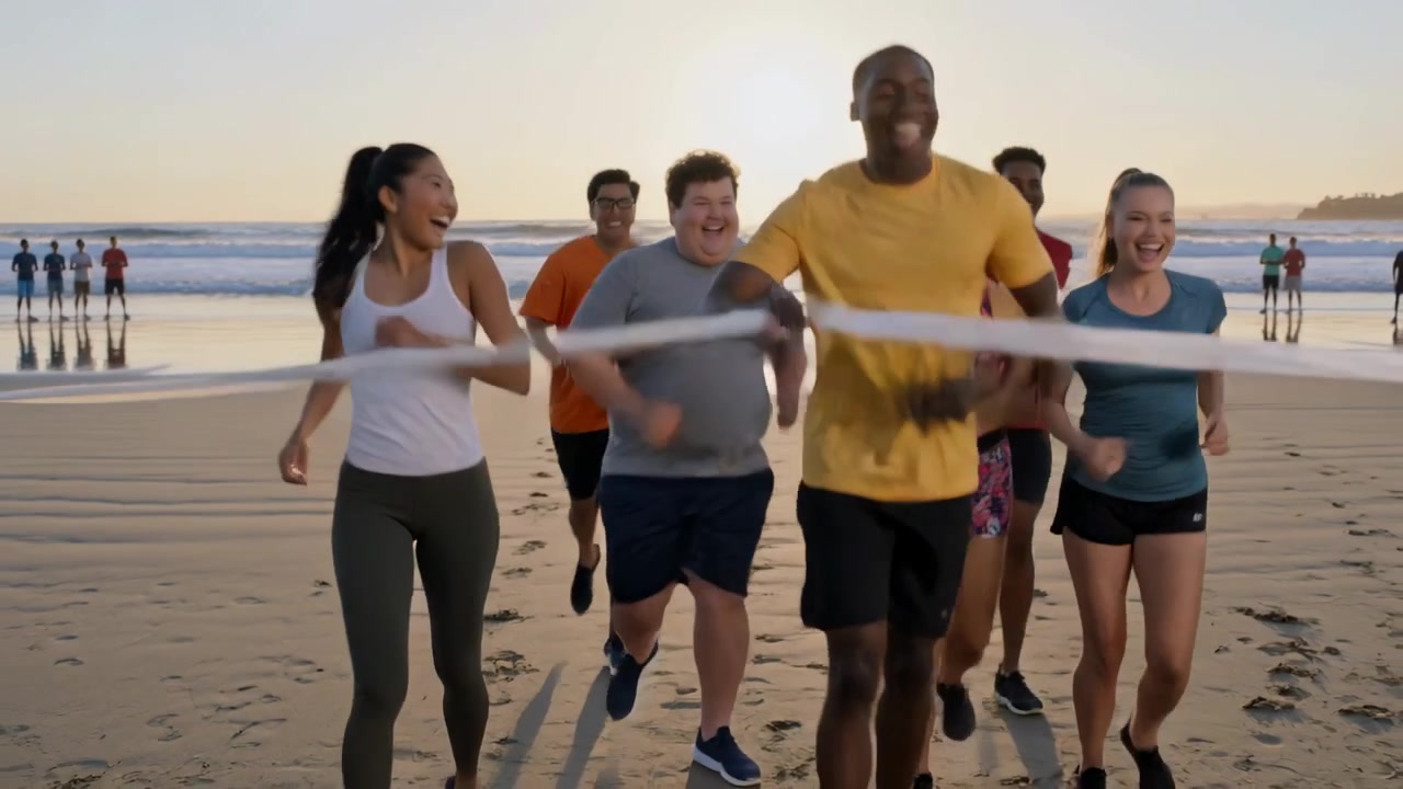 Gruppo di otto corridori con scarpe da running che sprintano verso la telecamera su una spiaggia bagnata dopo la comparsa di un nastro.