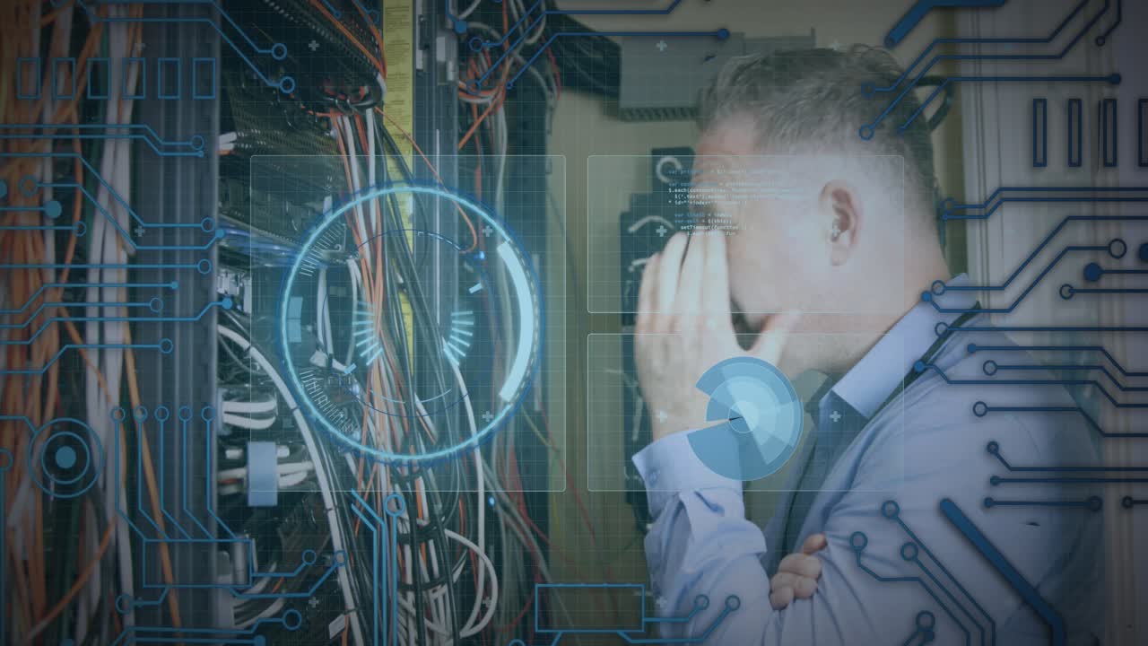 Animation of scope scanning and data processing over caucasian it man computer server